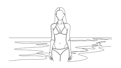 Woman in swimsuit stands calmly by serene ocean waves in 2D CAD Vector illustration © Stock Image Paradise