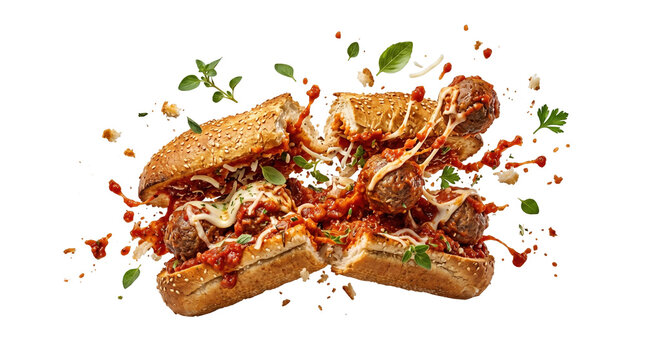 Exploding meatball sub with rich tomato sauce and fresh herbs