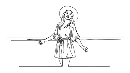 A smiling woman in a 2D CAD vector illustration stands freely outdoors with a sunny backdrop. © Stock Image Paradise