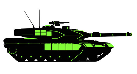 Modern Military Tank Silhouette, Green Outline on Black Background © Mangga