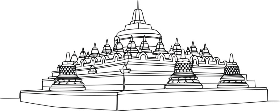Borobudur Temple Continuous Line Art Hand Drawn Vector Illustration Indonesian Landmark