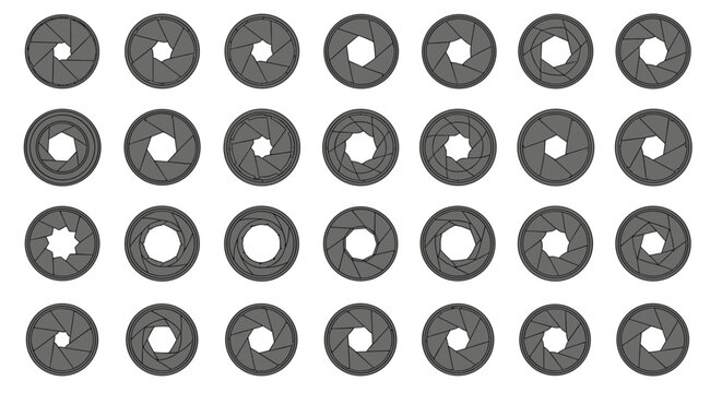Large set of camera aperture icons showing different shutter speeds and lens opening sizes for photography and video production concepts.