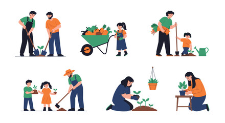 Fototapeta premium Diverse group of people including children and adults working together to plant trees and garden with shovels, pots, and a wheelbarrow.