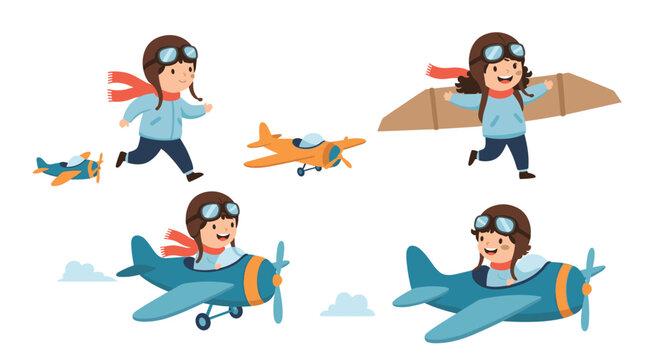 Collection of playful children wearing aviator hats and goggles pretending to fly toy airplanes and running with cardboard wings on a field.