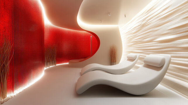 Modern Minimalist Lounge with Red Wavy Wall