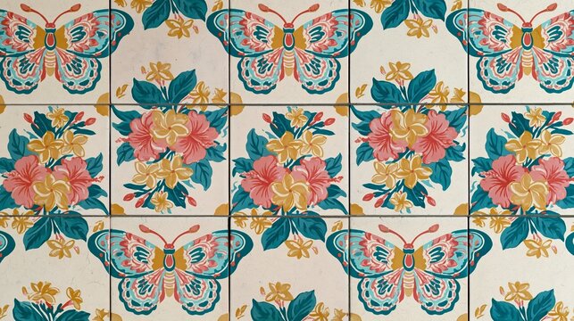 Vibrant floral pattern on encaustic tile surface