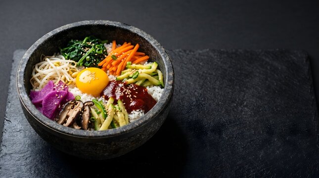 Korean bibimbap in dark stone dolsot bowl with colorful vegetable toppings spinach carrot mushroom and centered raw egg yolk on black surface, Korean cuisine food editorial horizontal with copy space