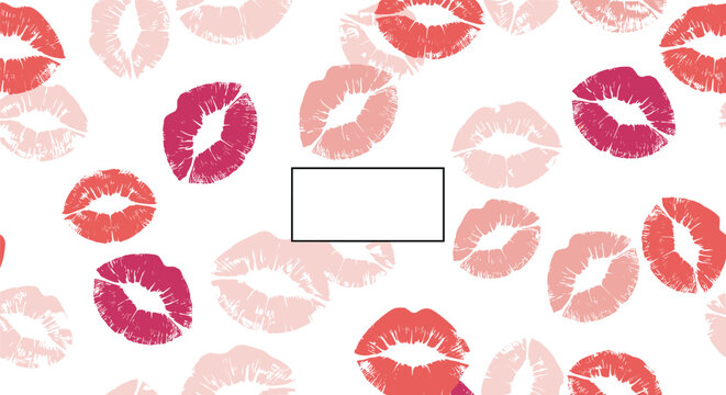 Seamless background pattern of pink and red lipstick kiss prints scattered across a white surface with a blank rectangular frame in center.
