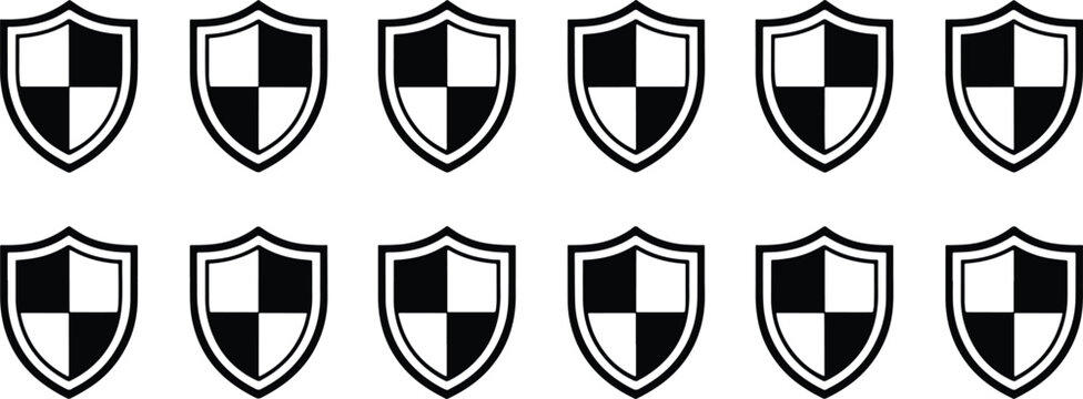 Set of twelve minimalist shield icons with checkerboard pattern design isolated on transparent background