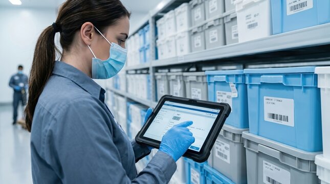 Masked healthcare worker scanning medical inventory on tablet in storage aisle. Concept of hospital logistics, pharma tracking, stock control, and supply chain.