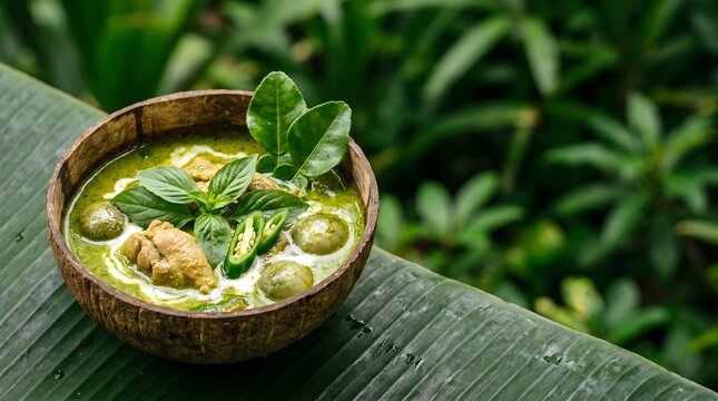 Thai green curry in natural coconut shell bowl with Thai basil kaffir lime leaf and green chili on dark banana leaf surface, tropical Thai cuisine food editorial horizontal with copy space