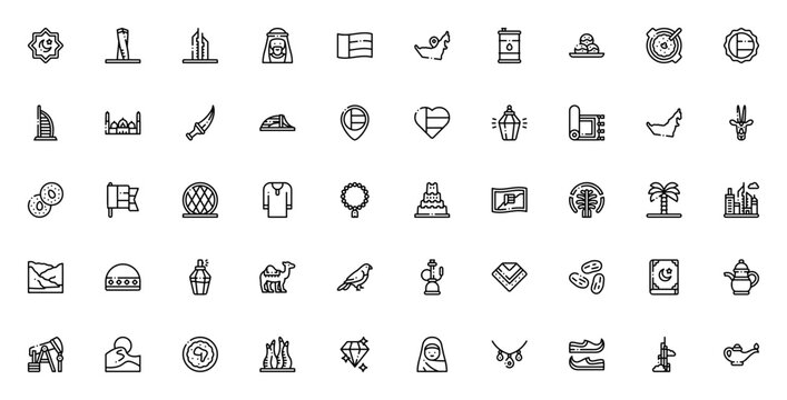 United Arab Emirates icon set. Minimal vector icons pack. Featuring Islam, Burj Khalifa, Palm Jumeirah, flag, camel, desert, oil pump, mosque, dagger, dates, Quran and more. Editable vector stroke.