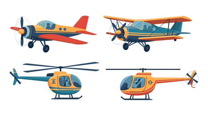 Collection of flat air transportation illustrations features vintage propeller planes and modern yellow helicopters.