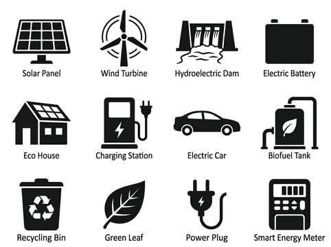 Minimal flat vector silhouette icon set of 12 renewable energy elements  including solar panel  wind turbine  hydro dam  electric battery  eco house  charging station  electric car  biofuel tank  recy