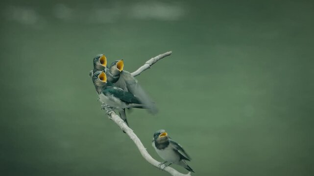 Dynamic shot of an adult swallow bird arriving in flight to feed four hungry begging chicks with open beaks perched on a branch