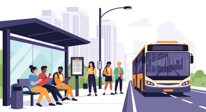 City commuters wait at a sheltered bus stop while a large yellow public transport bus pulls up in a urban setting.