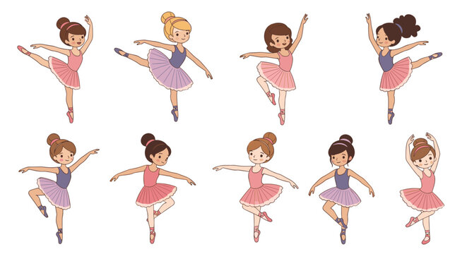 Set of young ballet dancers in pink and purple tutus performing various classical dance poses and elegant movements.