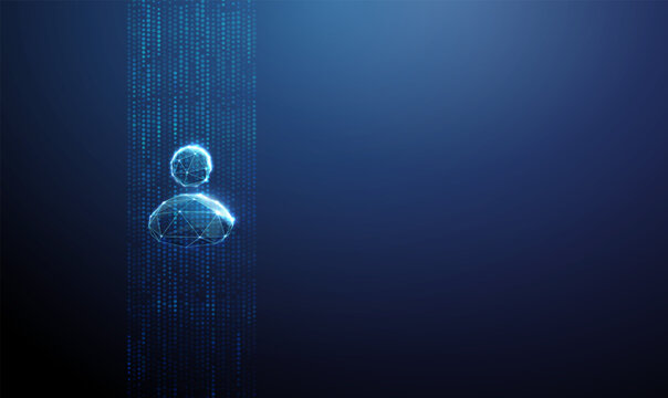 3D blue dots and an avatar icon. User profile, ai network assistant, virtual agent communication, social connection, data sharing, contact point, networking concept
