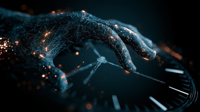 A futuristic hand made of glowing fibers touches a clock in a dark background