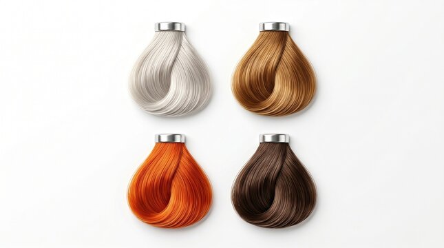Four professional hair color swatches arranged in a grid on a white background, showcasing platinum blonde, golden blonde, vibrant copper orange, and deep brunette shades.