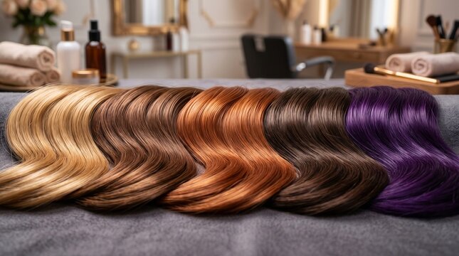 Five vibrant, glossy hair extensions arranged in a smooth wave pattern on a grey surface, showcasing a spectrum from blonde to deep purple inside a modern salon setting.
