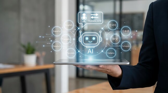 Business professional using tablet displaying AI driven language translation interface connecting multiple global languages with communication icons