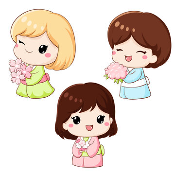Spring greeting card with cute little girls with sakura flowers in kawaii style. Hanami season collection of Japanese traditional toy kokeshi doll in kimono. Vector illustration EPS8 