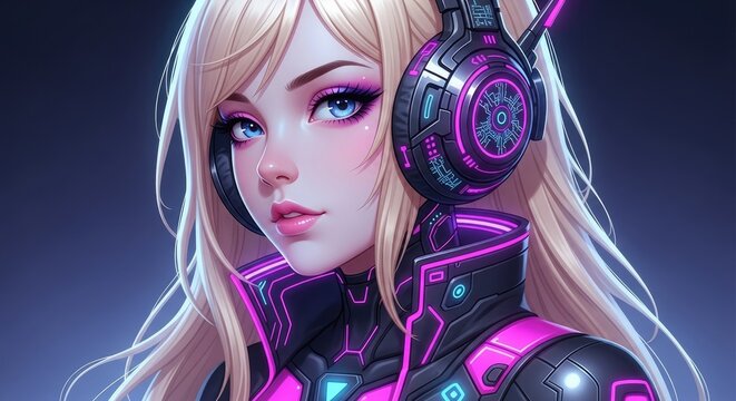 Cyberpunk girl with blonde hair and glowing pink tech headphones