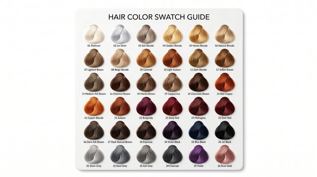 A comprehensive hair color swatch guide featuring thirty-six vibrant shade samples from platinum blonde to jet black, organized neatly on a clean white display board.