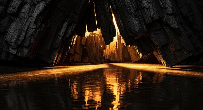Dark charred wood cavern with golden light reflecting on water