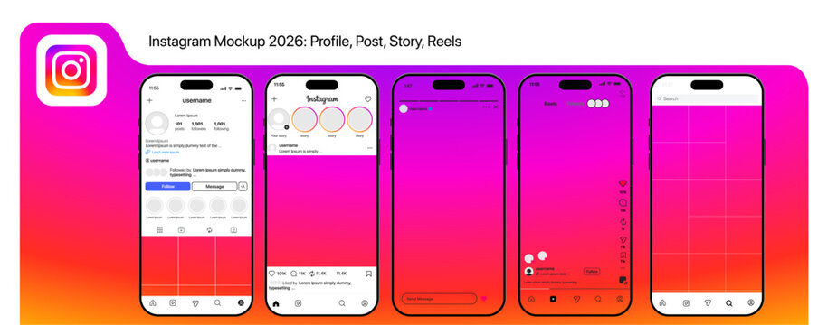 Instagram Mockup 2026 with Transparent Photo Placeholders for Profile, Post, Story and Reels UI Template. Editable Instagram UI Mockup