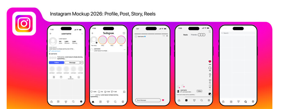 Instagram Post, Reels, and Story mockup template frame for iPhone 16. New Instagram grid size template update. Instagram social network app UI interface mockup design.

