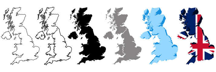 set collections united kingdom map infographic icon. High detailed stylized United Kingdom map flag, border, 3D geometric, silhouette. United Kingdom map pinned symbol design vector illustration © Total maximals