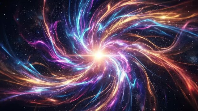 Vibrant swirling energy bursting from a central point in dark space, dynamic abstract background for technology, music and digital branding, luminous motion, rich color contrast, balanced composition,