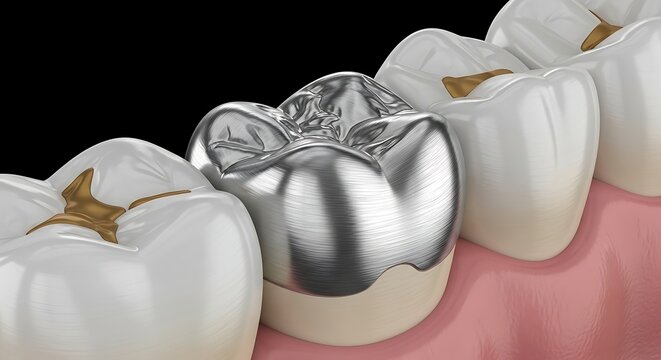 Dental crown on a molar tooth, 3d medical illustration showing a metal restoration on a human tooth