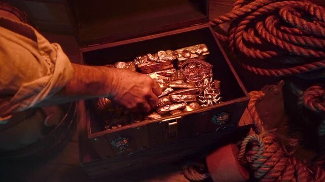 Pirate takes a gold ingot from a treasure chest.