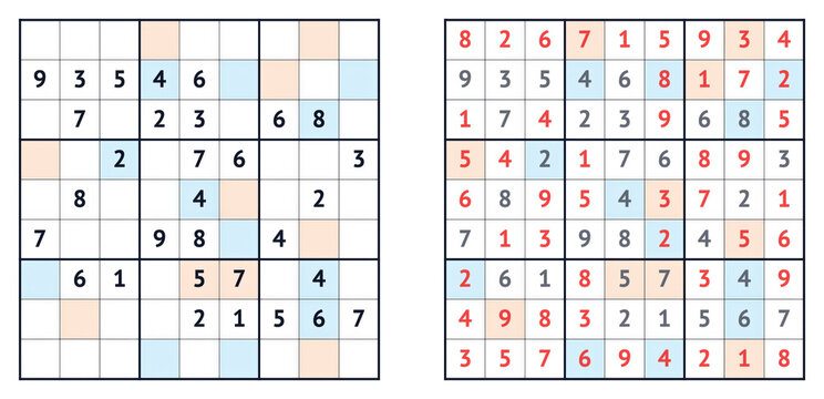 Even-odd sudoku puzzle with answer key isolated on white background. Logic number game template vector illustration. Educational math worksheet for kids and adults brain teaser activity book.
