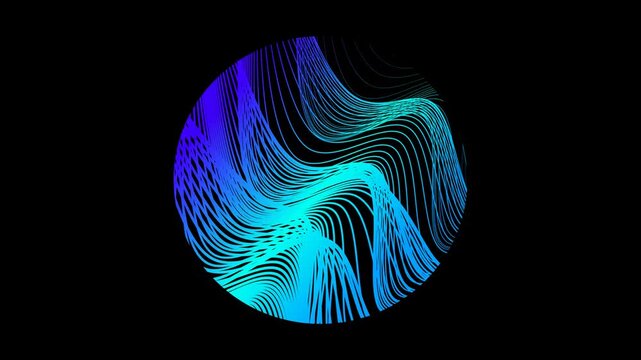 Abstract Blue and Purple Wave Patterns Oscillating in a Sphere. Vibrant blue and purple light waves undulating in a circular formation against a deep black background representing digital energy