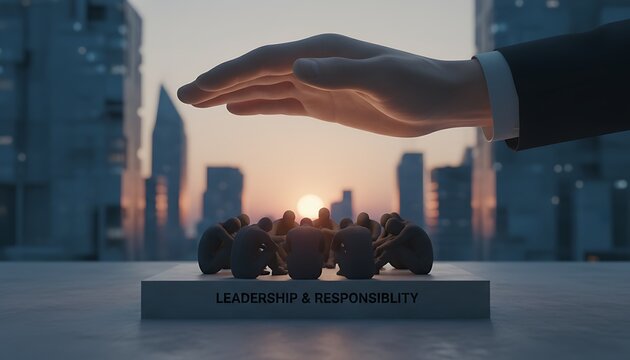 Team of Silhouetted Figures Seated in a Circle Under Large Hand Overwatch