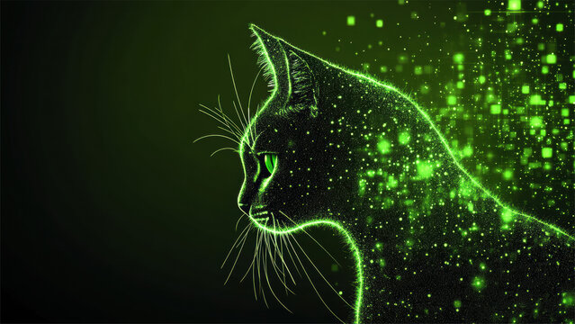 Black Cat Silhouette in Green Digital Matrix Technology Background