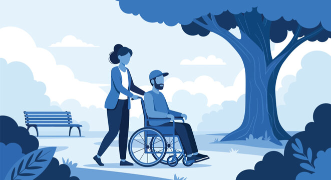 Caring woman pushing man in wheelchair through park nature path blue monochrome vector illustration showing support for disability and health rehabilitation.