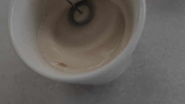 Slow Motion Soy Milk Frothing in White Cup, Mesmerizing Foam Swirls and Tiny Creamy Bubbles Created by High Speed Whisk Spinner, Cozy Barista Aesthetic for Coffee, Cafes, Wellness Drinks at Sunrise!!!
