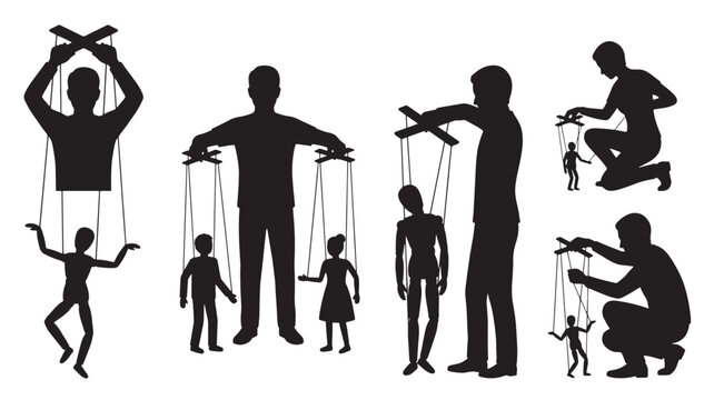 Silhouette of people controlling puppets on strings for concepts of control and manipulation