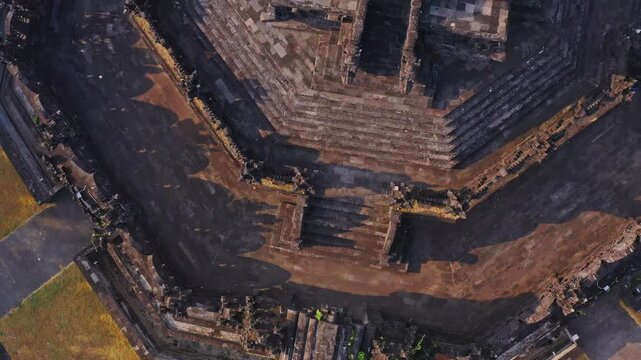 Bajra Sandhi or Monumen Taman Mumbul monument to the struggle for independence in the rays of the rising sun. Bali, Indonesia. 4K Aerial view
