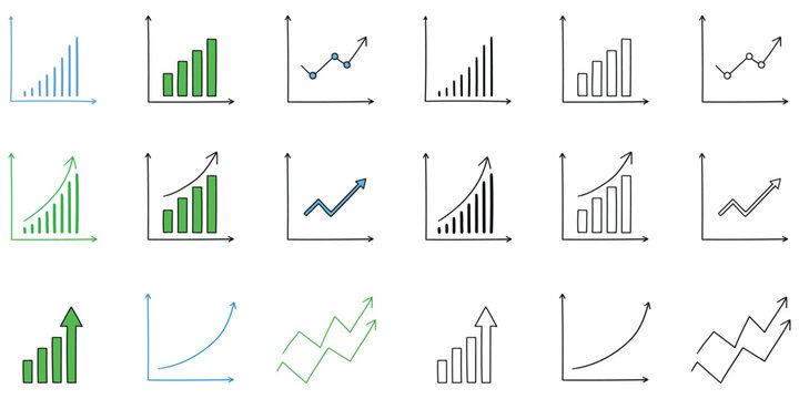 Hand-drawn cartoon and doodle set of growing graphs on a white background.