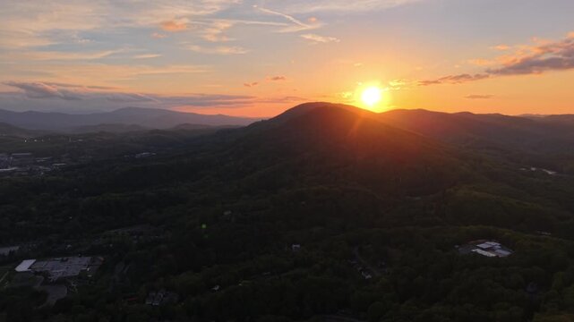 sunset aerial push in in appalachia near boone nc, north carolina