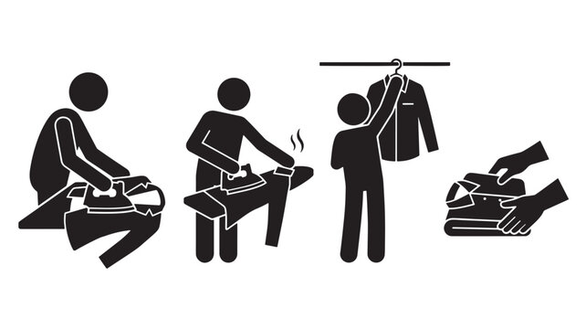 People Ironing Clothes On Flat Surface And Hanging On Rod For Laundry Service Concepts