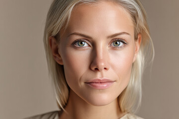 Naklejka premium Blonde woman with clear skin and green eyes, natural makeup, neutral background, confident expression, close up portrait