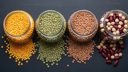 Assorted dried pulses and legumes in glass storage jars.