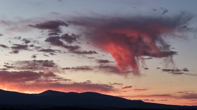 4K static timelapse captures a solitary raincloud and isolated rain shaft over rugged mountains. Cinematic atmospheric motion reveals dramatic shifting sunset colors fading into desert twilight.